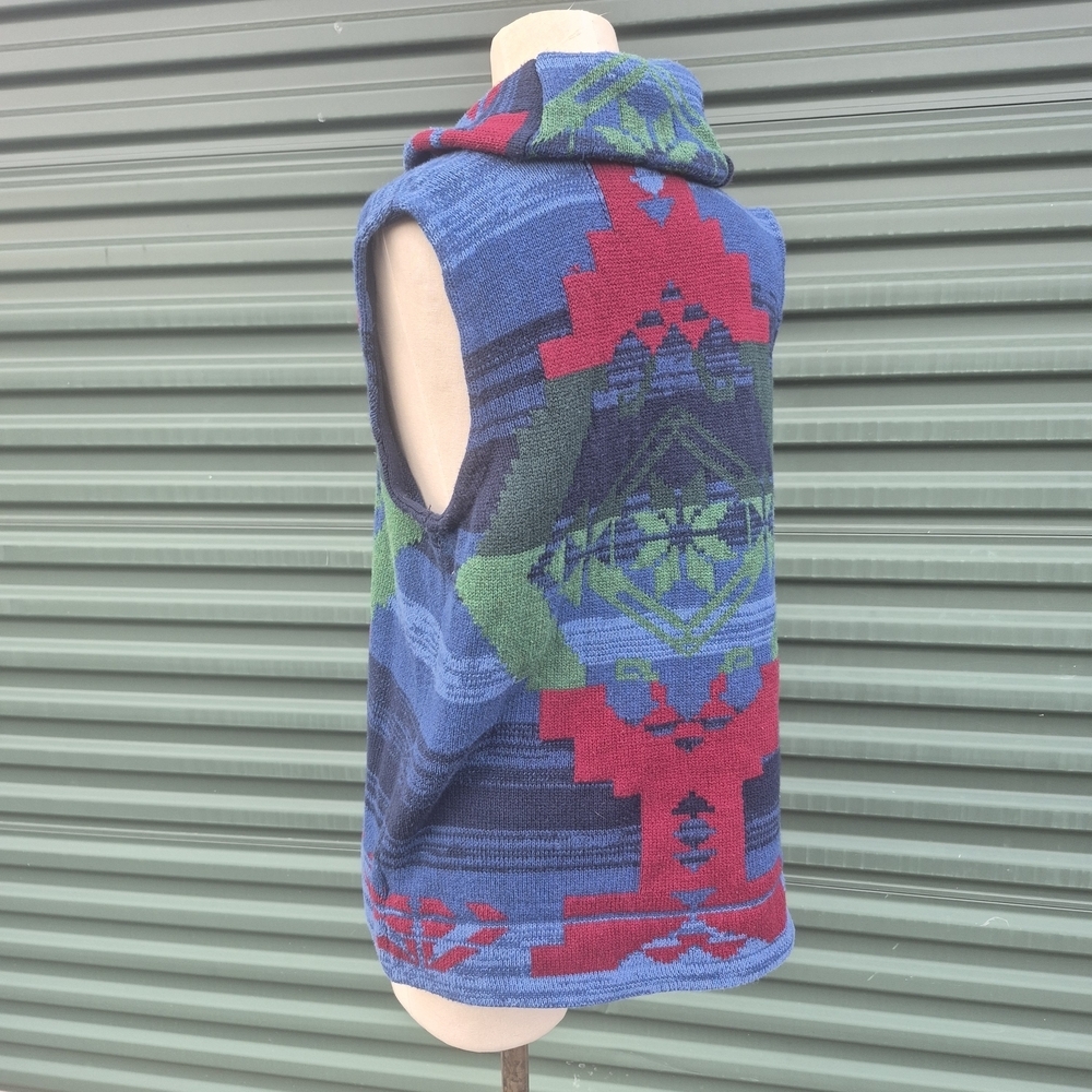 Chaps Denim Hooded Sweater Vest Large Southwest Aztec Tribal Knit Button Front - Picture 3 of 8